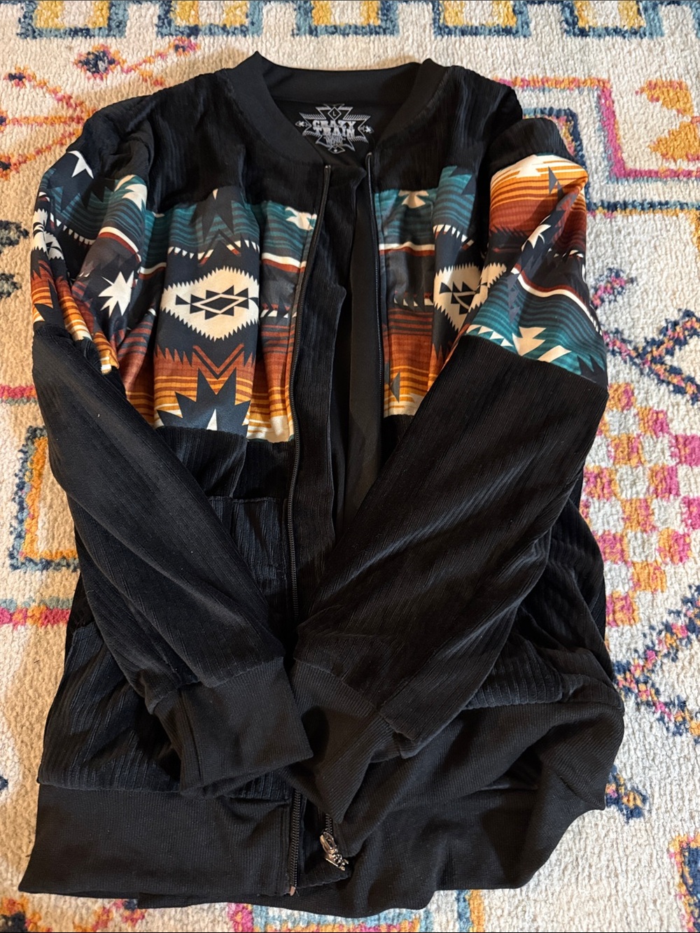 Crazy Train Black Aztec-Trim Corduroy Bomber Jacket
